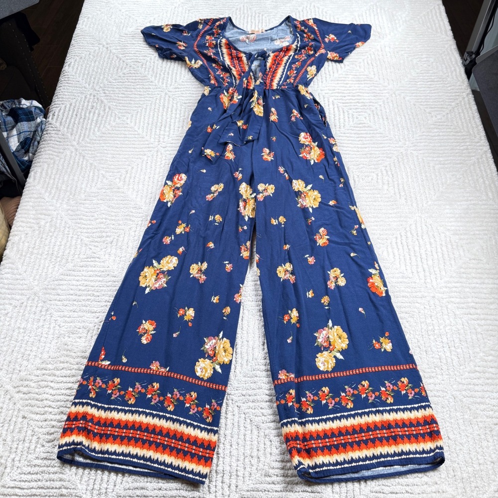 Band of Gypsies Floral Jumpsuit Women's Medium Blue Boho Wide Leg Hippie Indie